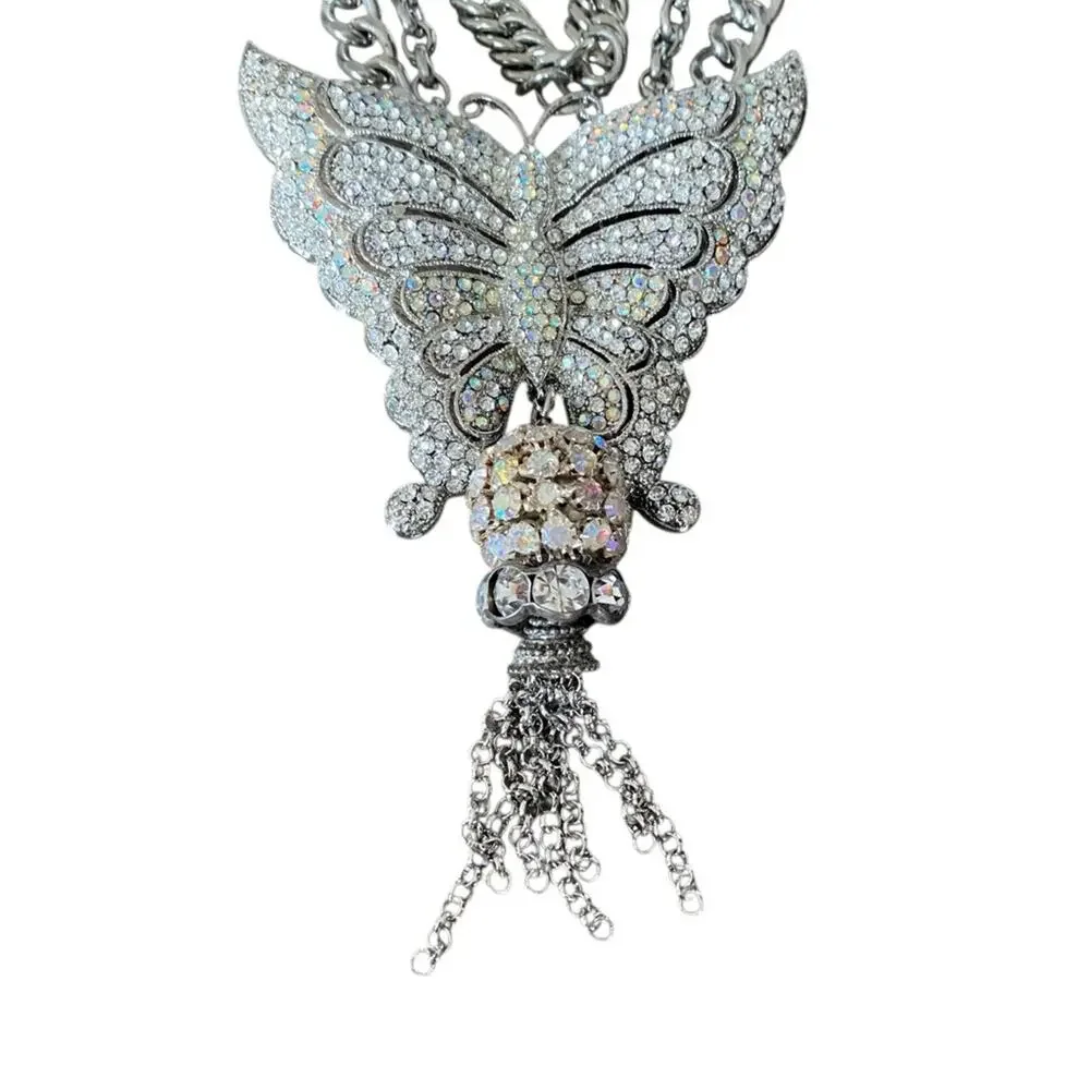 Vintage Silver Tone Rhinestone Butterfly Layered Necklace